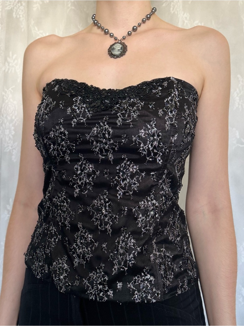 Whimsygoth Black & Silver Beaded Bustier